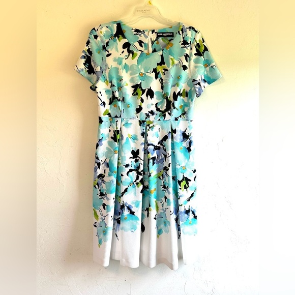 Karl Lagerfield Turquoise Blue Floral Modest Fit & Flare Summer Midi Dress Sz 14 - Picture 1 of 12